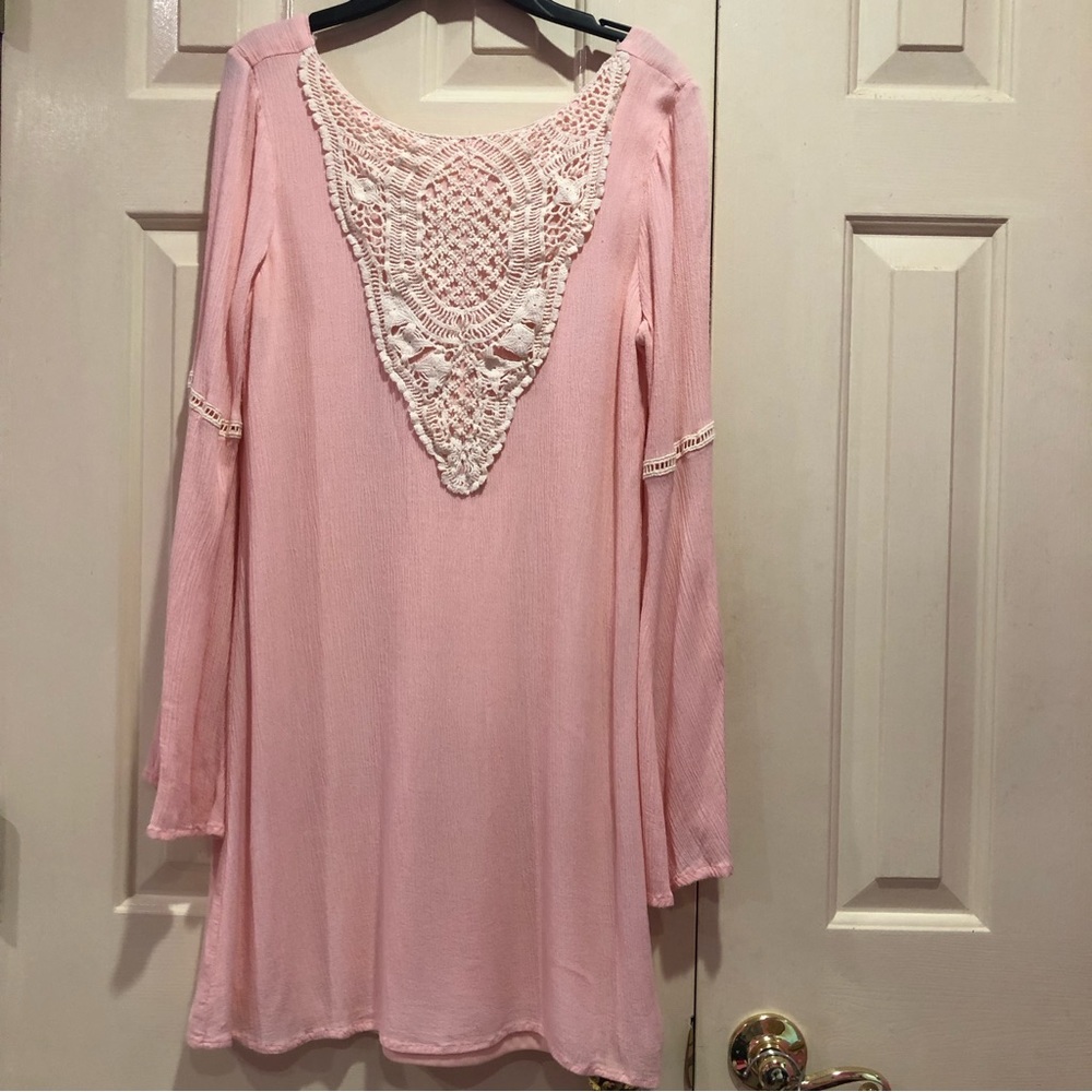 Altar’d State Lace Front Mini Dress Bell Sleeve Size M Pink